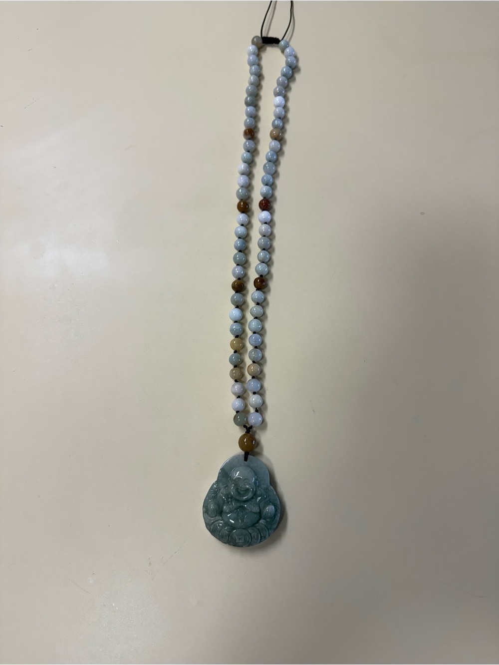 Carved Blue-Green Stone Laughing Buddha Beaded Necklace